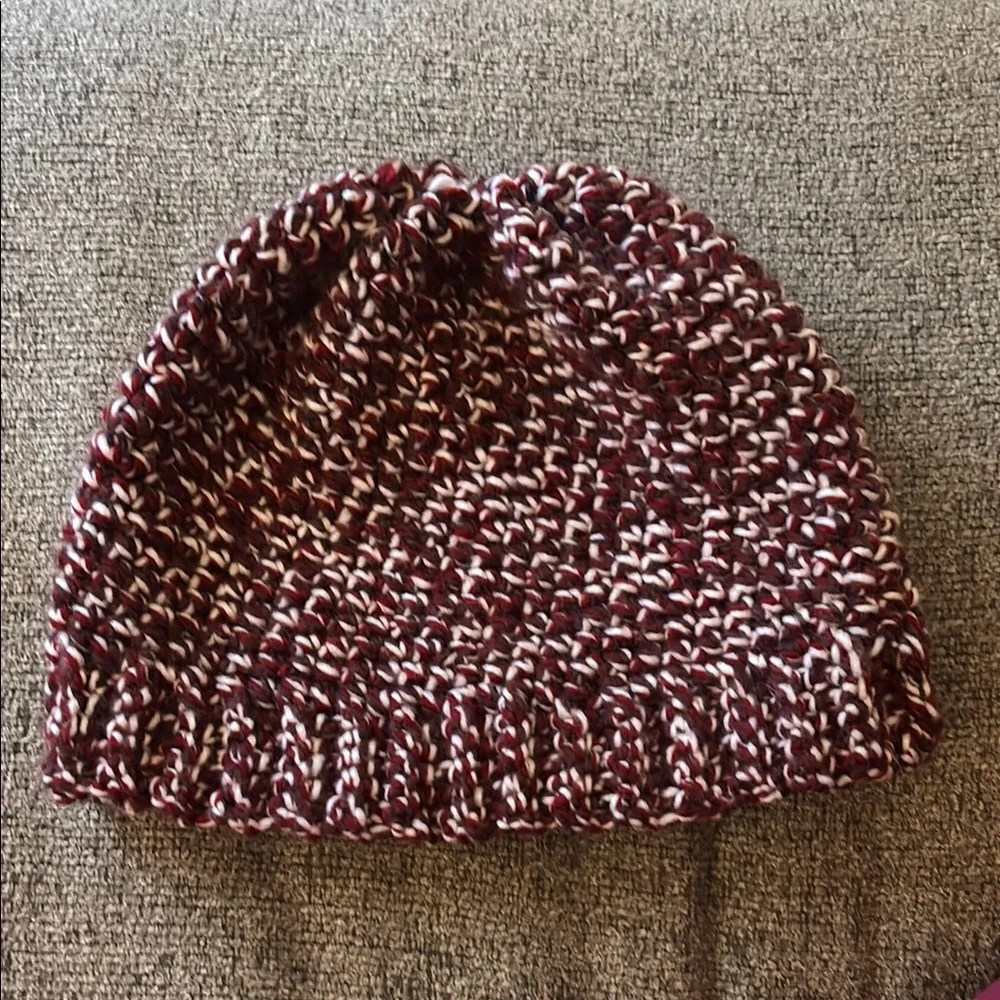 Knit Beanie Handmade in Maroon and White - Picture 1 of 4